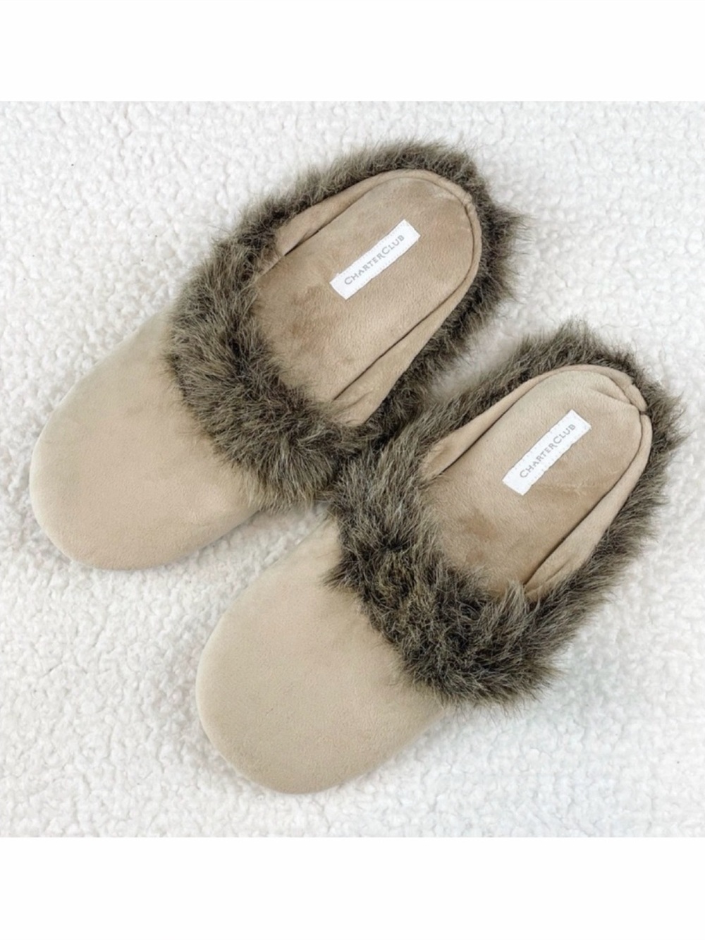 CHARTER CLUB • Cream/Brown Faux Fur Trimmed House Slippers, 7/8